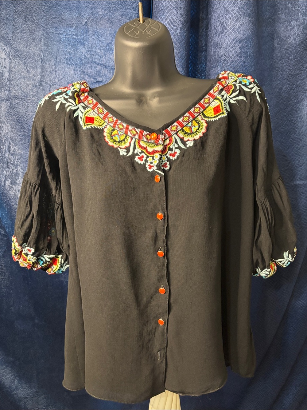Black Embroidered V-Neck Button-Front Women's Blouse